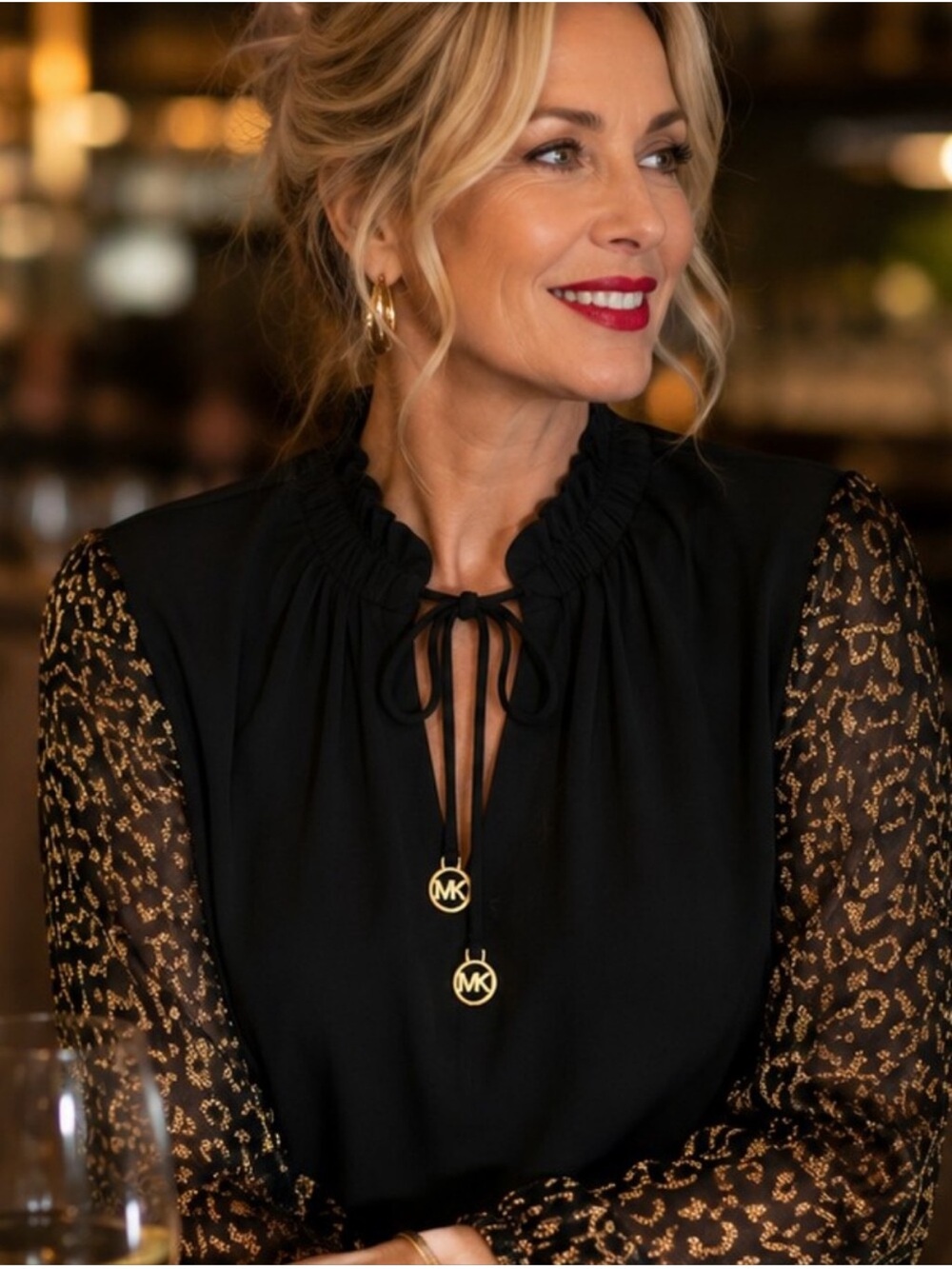 Michael Kors Ruffle Tie Neck Blouse Black Leopard Long Sleeve Top NEW